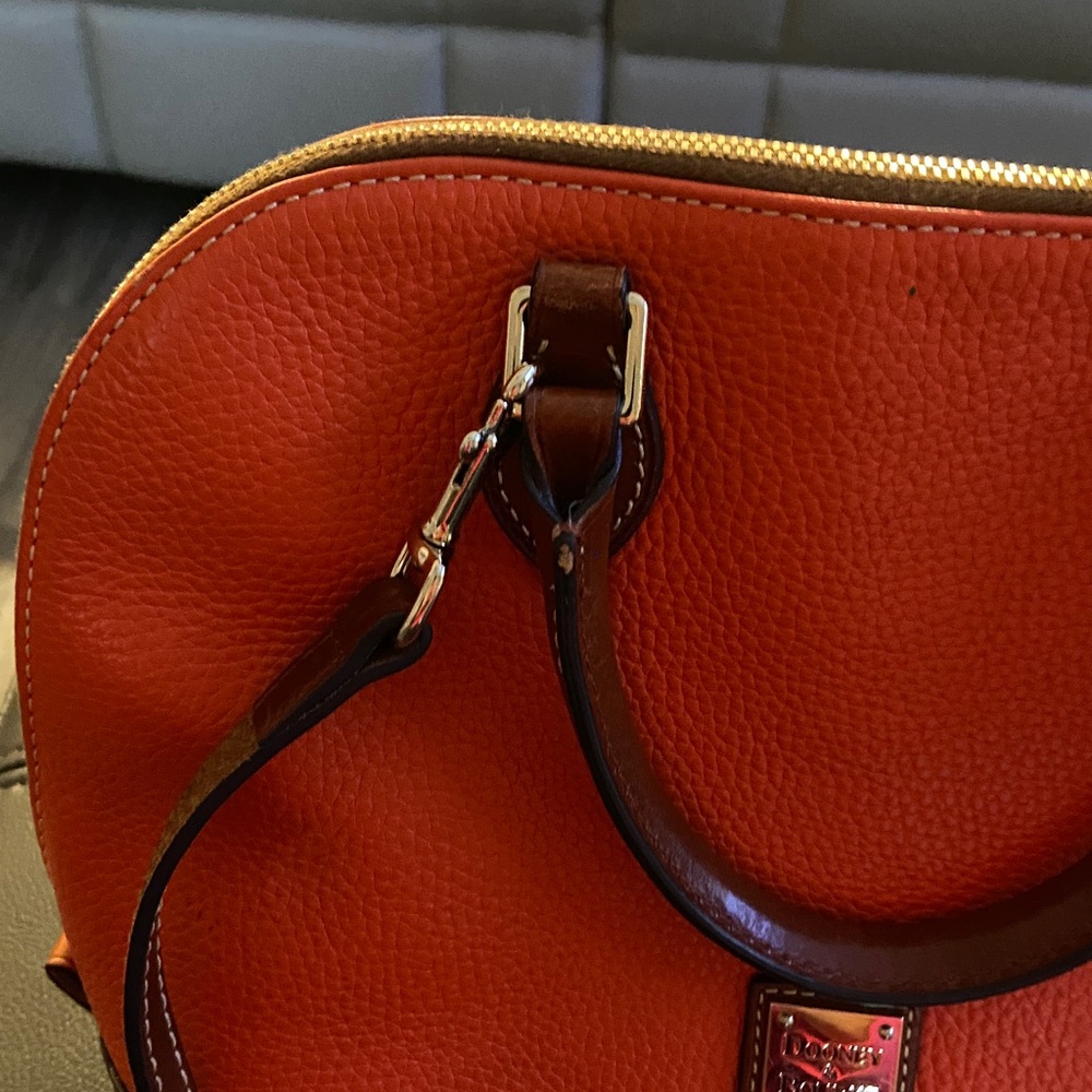 Dooney & Bourke Bright Orange Pebble Leather Dome Satchel with Brown Trim - Picture 6 of 8